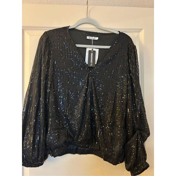 NEW Elegant Sequin Sheer Long Sleeve V Neck Slim Fit Top M - Picture 1 of 4